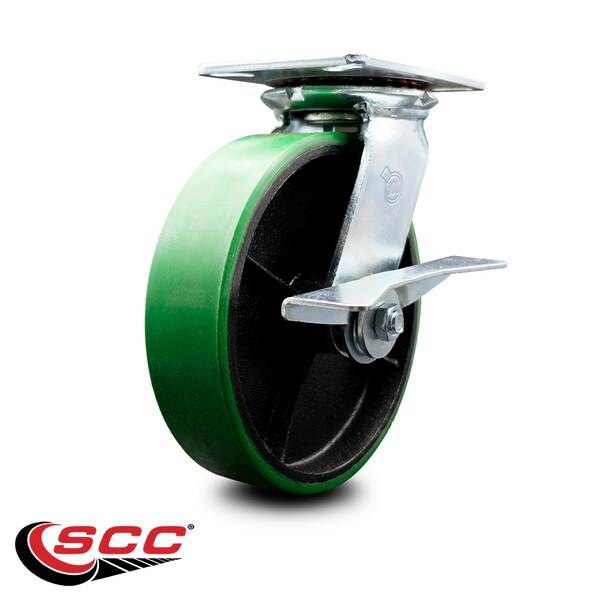 8 Inch Heavy Duty Green Poly On Cast Iron Caster With Ball Bearing And Brake SCC